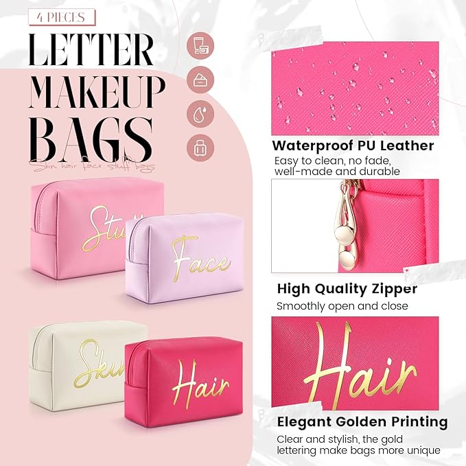 Aliceset 4 Pcs Preppy Makeup Bags Set Cute Travel Cosmetic Pouch Face Skin Hair Stuff Aesthetic Makeup Bags, PU Leather Waterproof Zipper Toiletry Pouch Gifts for Women Girl(Bright Pink)