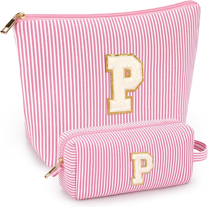 2 PCS Initial Makeup Bags for Women: Cosmetic Bag for Travel Toiletry - Birthday Gifts for 11 12 13 14 15 16 17 18 Years Old Girl Graduation Teacher Gift- Teen Girl Gifts Trendy Stuff - Pink P