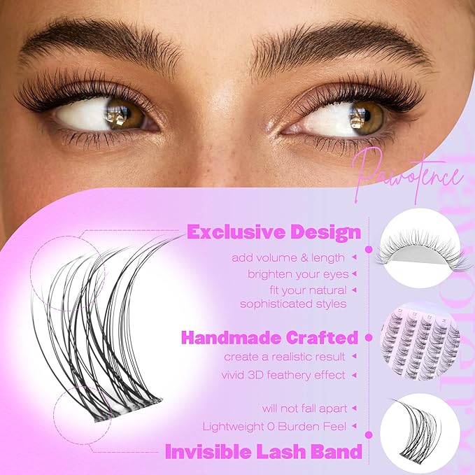 Pawotence Wispy Lash Clusters Natural Eyelash Clusters Invisible Band Individual Lashes 8-16mm Cluster Lashes Extension DIY Soft Comfortable False Eyelashes Cluster Natural Look