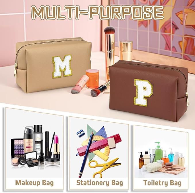 TOPEAST Monogrammed Gift for Women Girls, Personalized Initial Makeup Bags Cosmetic Bag with Zipper, Cute Makeup Pouch, PU Leather Waterproof Toiletry Bag, Preppy Gifts Stuff for Girl (Khaki E)