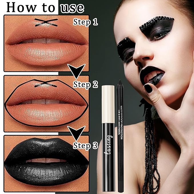 2PCS Matte Black Lip Liner and Lipstick Set, High Pigmented Liquid Lipstick, Long Lasting Waterproof Lipgloss Liner for Goth Christmas Halloween Cosplay Makeup