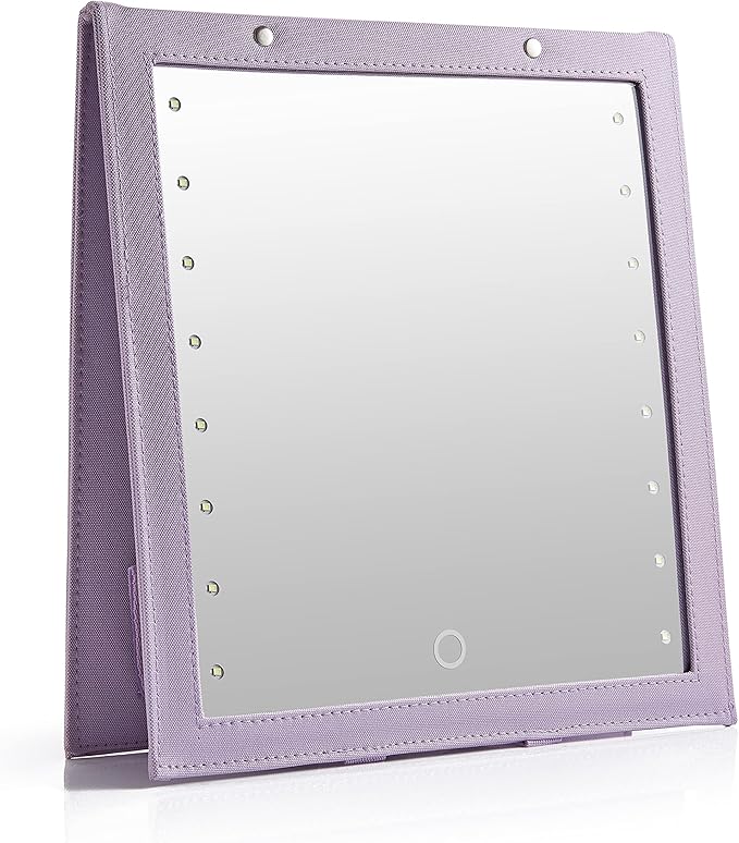 BRÜUN Backstage Hanging Mirror 25" x 11.4" Inches for Dance Bag with Dimmable LED Lights for Focused Glow – A Light-Violet Foldable Mirror for Dancers and Artists with Touch Sensitive Power Button