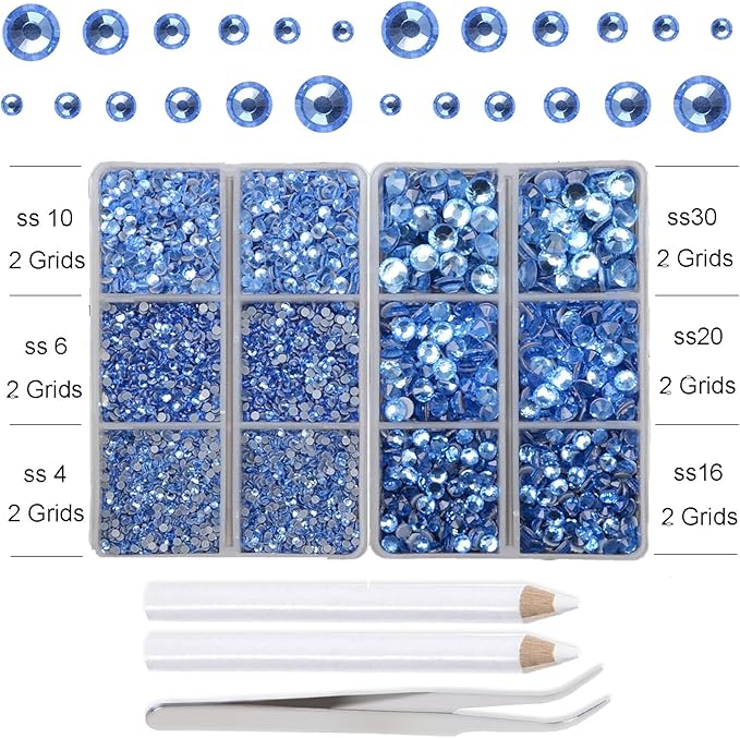 10000Pcs 2-Boxes Mixed Size Hot Fix Round Crystals Gems Glass Stones Hotfix Flat Back Rhinestones with Tweezers and Picking Pencil (Light Blue)