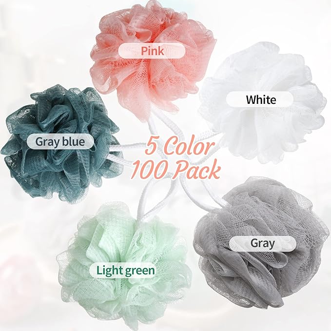 100 Pieces Bath Sponge Shower Loofahs Bulk 30g Soft Net Body Scrubber Sponge Ball Exfoliating Body Shower Pouf Bath Scrunchies for Men and Women (Regular Color)