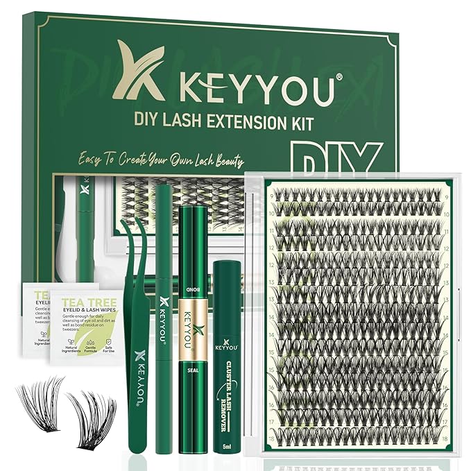 DIY Lash Extension Kit KEYYOU 300Pcs Individual Eyelash Extension Kit 50D 0.07D Curl 9-18MIX Lash Clusters Kit with Lash Glue Remover Applicator Easy to Use for Beginners(Kit-50D-0.07D,9-18MIX)