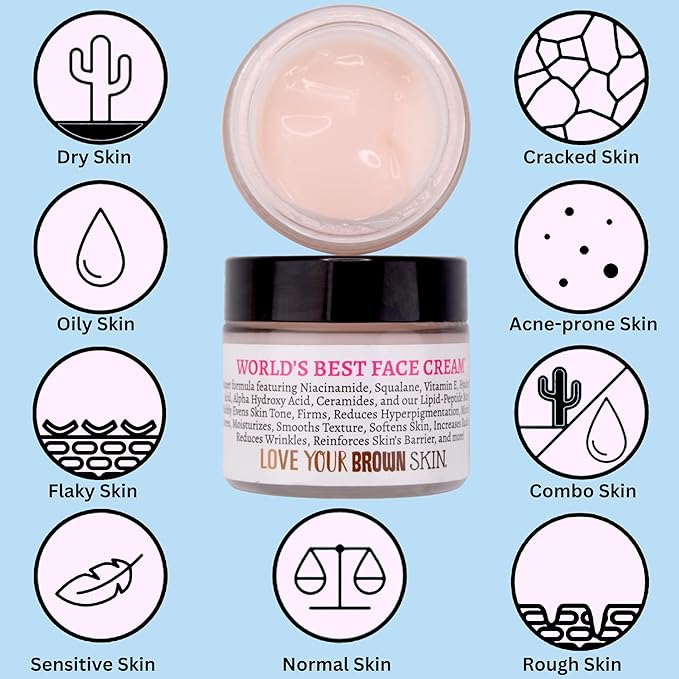 World’s Best Face Cream™ for Skin-of-Color, Anti Aging Reverse Signs of Aging Hydrates Niacinamide Squalane Hyaluronic Acid, 2 oz