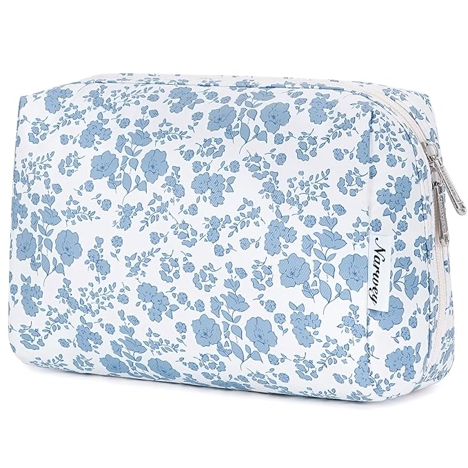 Narwey Cute Floral Makeup Bag Travel Cosmetic Bag Organizer Toiletry Bag Make Up Bags with Organized Pocket for Women Girls (Large, Little Blue Flower)