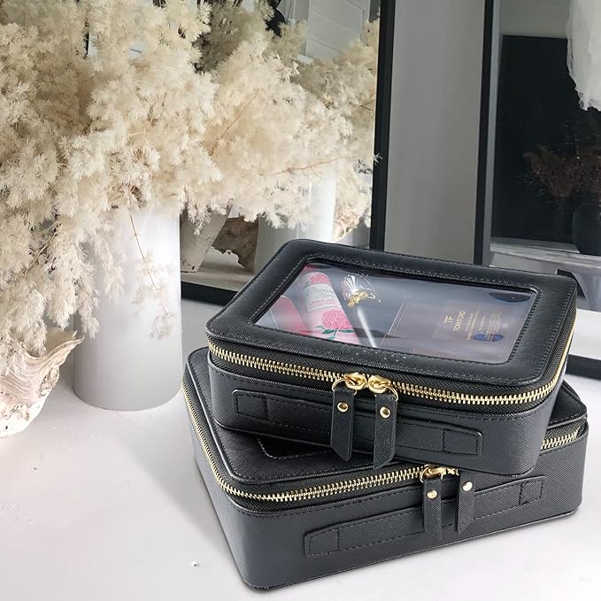 Aveniee Clear Makeup Bag Organizer, Portable Travel Toiletry Cosmetic Bag Case for Women, Heavy Duty Make Up Pouch with Transparent Vinyl Windows & Gold Zippers(Black)