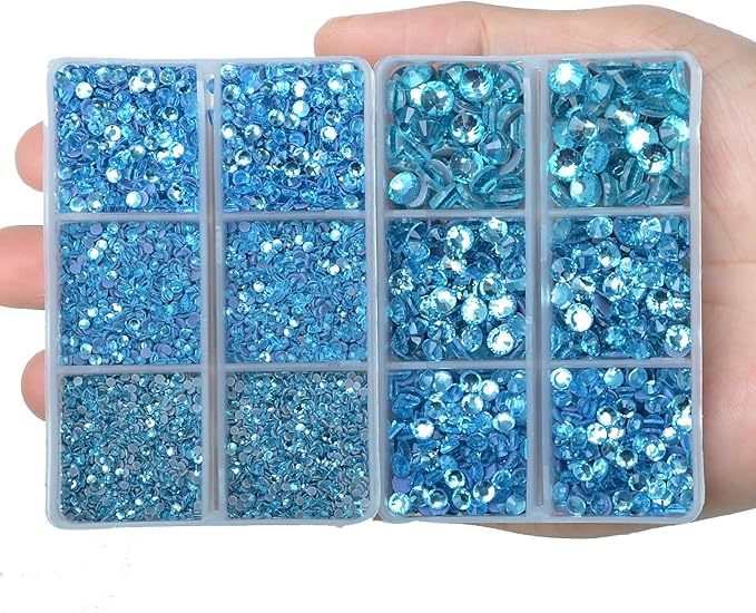 10000Pcs 2-Boxes Mixed Size Hot Fix Round Crystals Gems Glass Stones Hotfix Flat Back Rhinestones with Tweezers and Picking Pencil (Aquamarine)