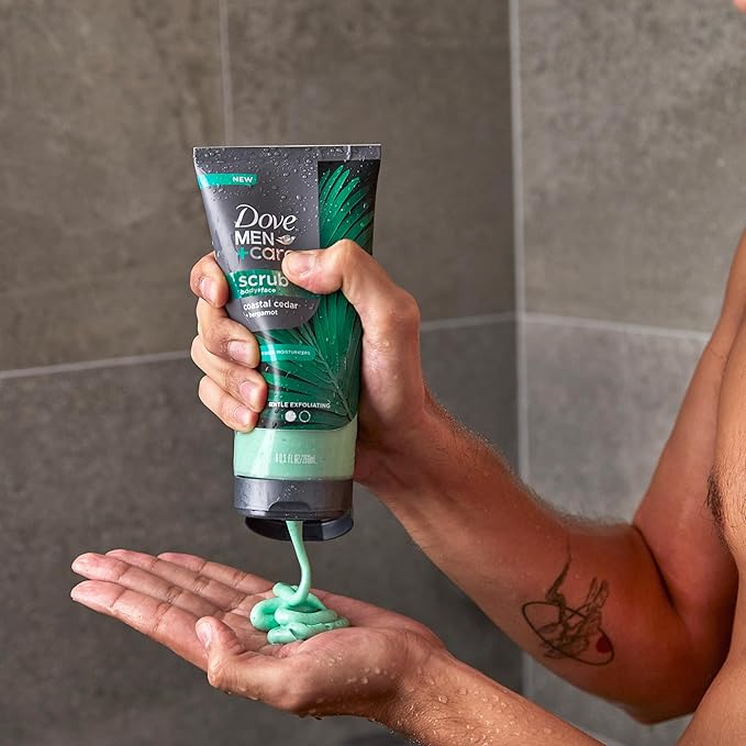 Dove Men+Care Body and Face Scrub Costal Cedar Deeply Exfoliates for Hydrated & Nourished Skin 100% Gentle Cleanser, No Sulfate Cleansers or Parabens, 98% Biodegradable Formula 9 oz