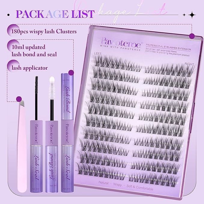 Pawotence Wispy Lash Clusters Kit Cat Eye Lash Extension Kit 180pcs Natural Individual Lashes Left Right Cluster Eyelash Extensions Kit with Lash Bond and Seal, Lash Tweezers for Self Application