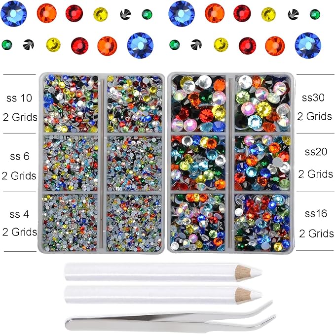 10000Pcs 2-Boxes Mixed Size Hot Fix Round Crystals Gems Glass Stones Hotfix Flat Back Rhinestones with Tweezers and Picking Pencil (Multi Color)