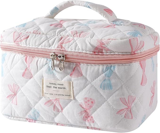 uekeboag Large Travel Quilted Makeup Bag for Women, Floral Cotton Cosmetic Bag, Coquette Aesthetic Floral Toiletry Organizer Bag