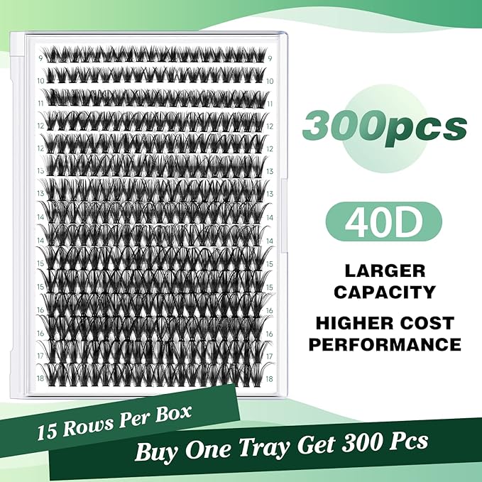 Lash Clusters 300pcs Individual Lashes 40D 0.07D Curl 17mm DIY Eyelash Extension KEYYOU Large Tray Volume Soft&Natural Cluster Lashes(40D-0.07D,17)