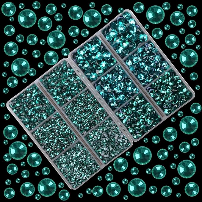10000Pcs 2-Boxes Mixed Size Hot Fix Round Crystals Gems Glass Stones Hotfix Flat Back Rhinestones with Tweezers and Picking Pencil (Blue Zircon)