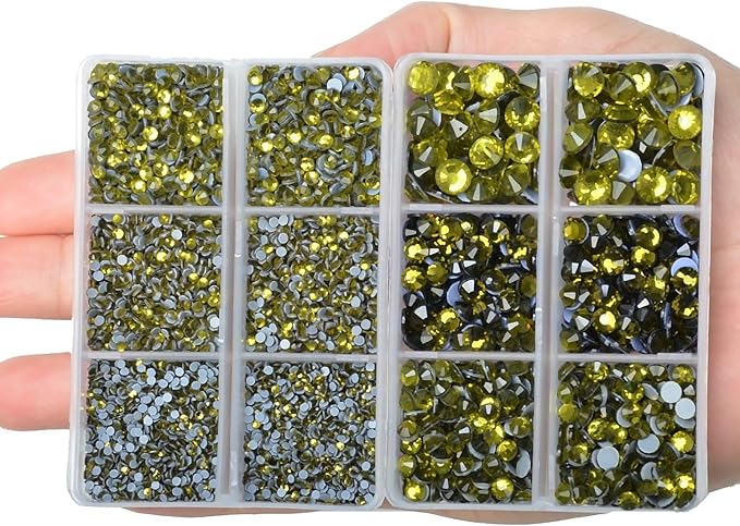 10000Pcs 2-Boxes Mixed Size Hot Fix Round Crystals Gems Glass Stones Hotfix Flat Back Rhinestones with Tweezers and Picking Pencil (Olivine)