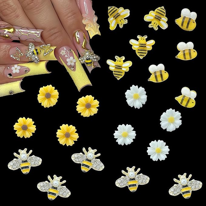 100PCS Nail Charms and Gems Gold Bee Yellow Flower for Nails Design,3D Daisy Y2k Nail Jewels Bulk Nail Art Decor Set