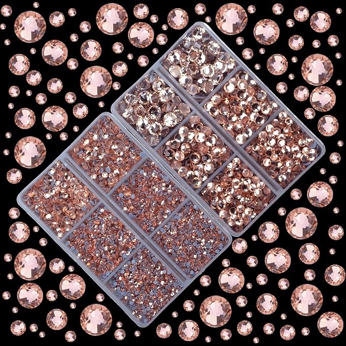 10000Pcs 2-Boxes Mixed Size Hot Fix Round Crystals Gems Glass Stones Hotfix Flat Back Rhinestones with Tweezers and Picking Pencil (Champagne)