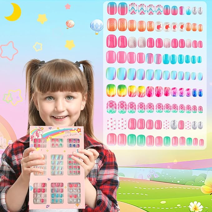 108Pcs Fake Press on Nails for Kids,Acrylic Full Cover False Press on Nails Girls Stick on Nails for Kids Children Birthday Party Favors Gift Nail Art Decoration(9 Pack Gradient Style)