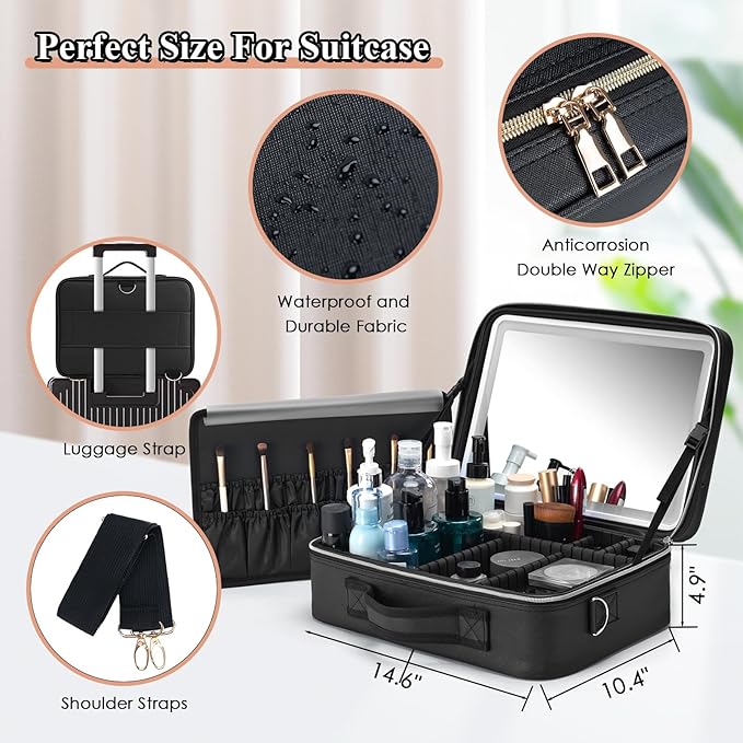 VANMRIOR Travel Makeup Bag with LED Lighted Make up Case with Mirror 3 Color Setting Cosmetic Makeup Box Organizer Vanity Case for Women Beauty Tools Accessories Case Rechargeable (big black)