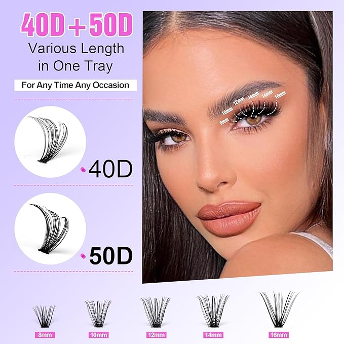 Pawotence Lash Extension Kit Individual Lash Clusters Kit 40D 50D Eyelash Extension Kit 8-16mm Eyelash Clusters with Lash Bond and Seal, Lash Tweezers for Beginners (40D&50D, 0.07D, 8-16mm, Kit)