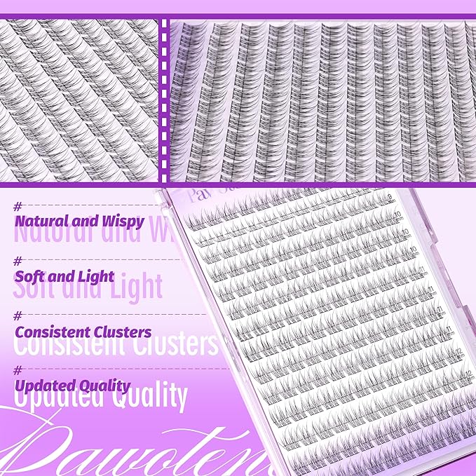 Pawotence Lash Extension Kit Wispy Lash Clusters Kit 9-12mm Natural Individual Lashes Kit 168pcs Cluster Eyelash Extension Kit with Lash Bond and Seal, Lash Applicator for Self Use