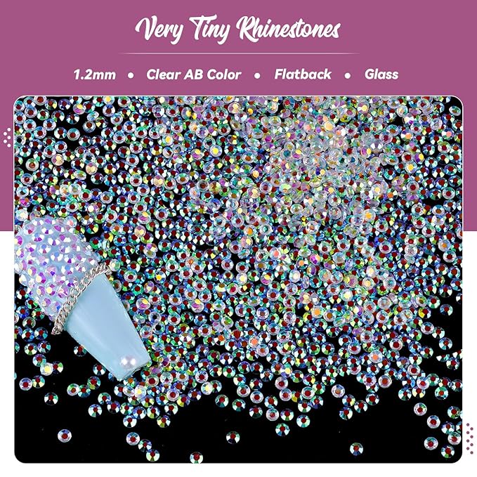 10000Pcs Tiny Rhinestones 1.2mm Clear AB Flatback Glass Pixie Crystals, Iridescent Gems Long Lasting Shine Small Sugar Beads Dust Charms for Nail Design DIY Crafts Accessories