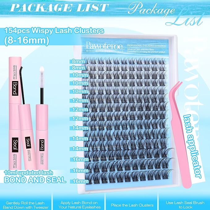 Pawotence Lash Clusters Kit Wispy Lash Extension Kit 8-16mm Natural Cluster Eyelash Extension Kit Individual Lashes 154pcs Eyelash Clusters with Lash Bond and Seal, Lash Tweezers for Self Use