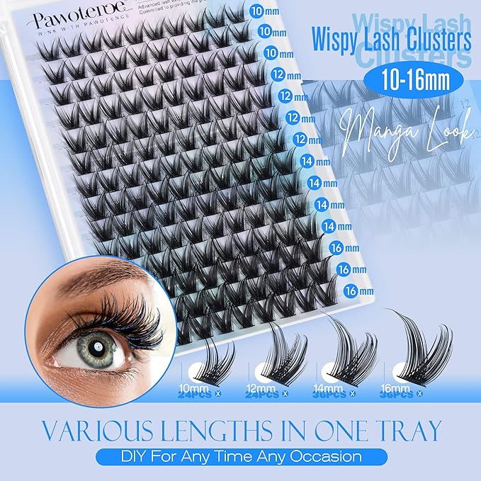Pawotence Lash Clusters Wispy Eyelash Clusters 10-16mm Manga Individual Lashes Cluster Eyelash Extensions 168pcs Lash Extension DIY False Eyelashes Cluster Lashes with Soft Thin Band