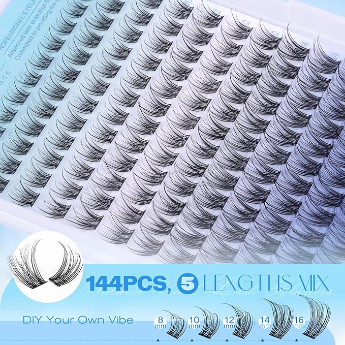 Pawotence Wispy Lash Clusters Natural Eyelash Clusters 8-16mm Cluster Eyelash Extensions 144pcs Fairy Individual Lashes Wispy Cluater Lashes Extension Natural Look
