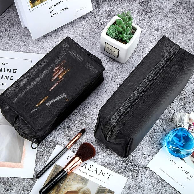 6 Pieces Mesh Makeup Bags Mesh Cosmetic Bag Portable Travel Organizing Zipper Pouch Toiletries Makeup Pouches for Home Office Travel Accessories (Black)