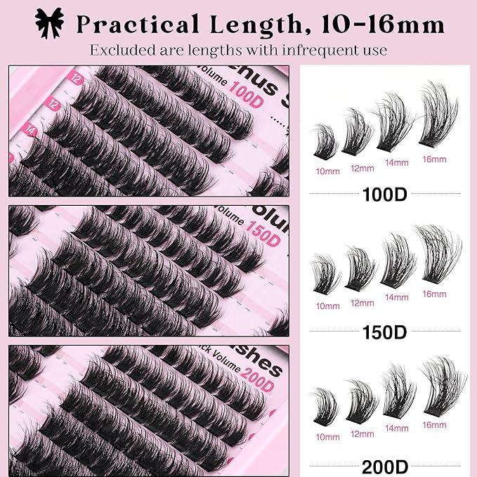 Fluffy Lash Clusters 100-150-200D Volume Eyelash Clusters 10-16mm Wispy Individual Lashes D Curl Cluster Eyelash Extensions 300pcs DIY Lash Extensions(D Curl 300pcs)