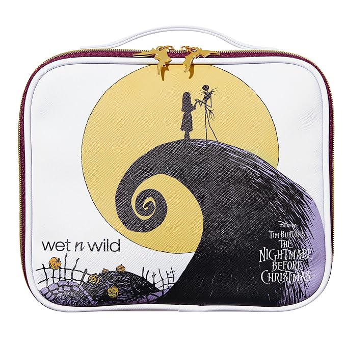 wet n wild Nightmare Before Christmas Makeup Bag - Full-Zip Closure with Bat Charms, Dual-Compartment Interior, Portable Travel Case Inspired by Disney’s Iconic Film, Cruelty-Free - Jack & Sally