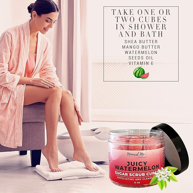 Body Scrub Exfoliator - 12oz WATERMELON Sugar scrub cubes w/Mango Butter & Shea butter, Body Scrub Exfoliator - 12oz COCONUT Sugar scrub cubes, Natural & Organic for all body exfoliation