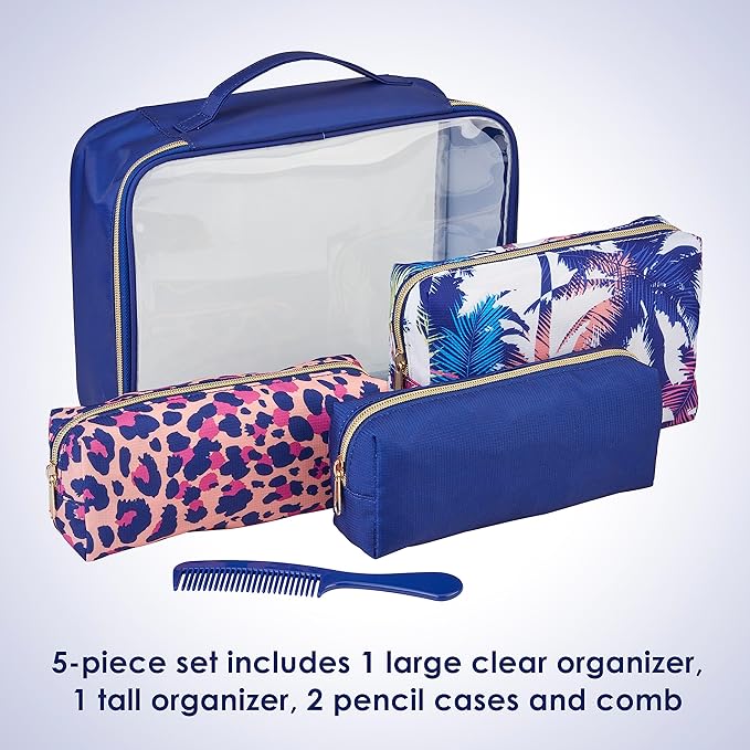 Conair 5 Piece Toiletry and Cosmetic Bag Set Under $30, Includes 4 Makeup Bags and 1 Travel Comb in Blue Palm Prints