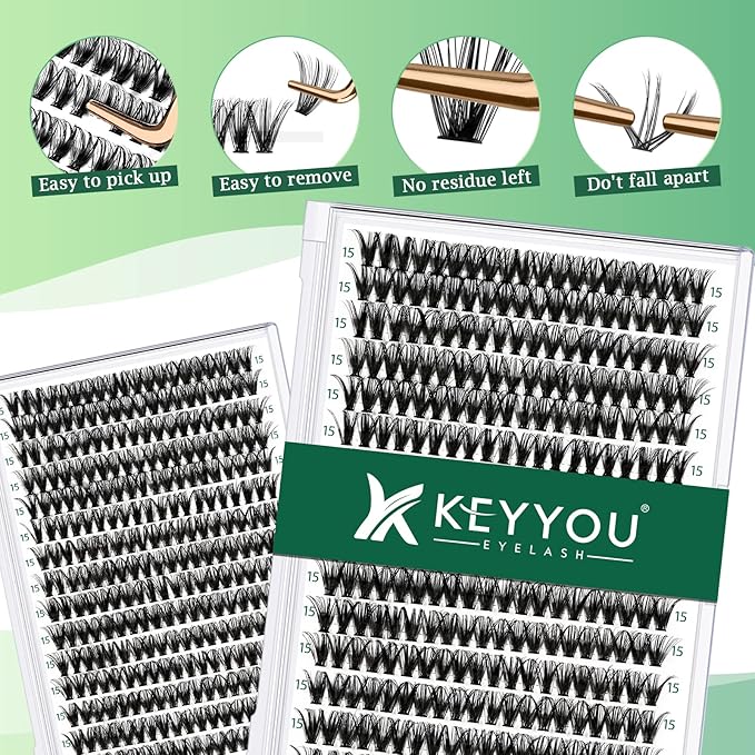 Lash Clusters 300pcs Individual Lashes 40D 0.07C Curl 15mm DIY Eyelash Extension KEYYOU Large Tray Volume Soft&Natural Cluster Lashes(40D-0.07C,15)