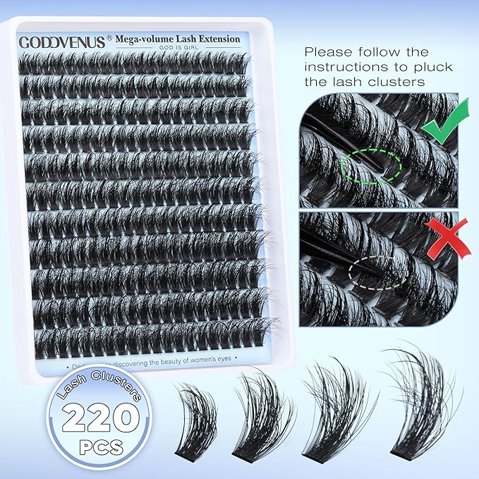 Lash Clusters Kit Wispy Eyelashes Clusters Kit Fluffy Choppy Lash Extension Kit1 12mm -16mm Mixed Lashes Clusters Volume Cluster Eyelash Extensions Kit D Curl DIY Individual Lashes 220Pcs