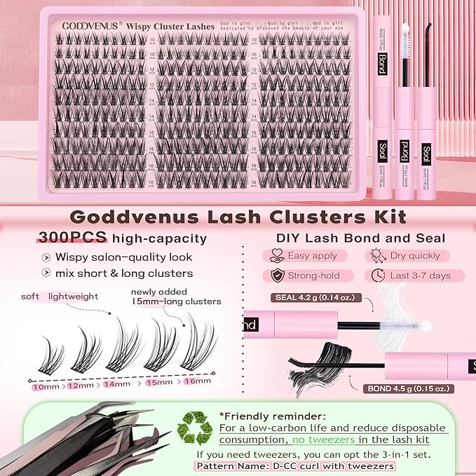 Lash Clusters Kit Wispy Eyelash Clusters Lashes Natural DIY Lash Extension Kit 10-16mm Cluster Eyelash Extensions Kit 300pcs C Curl Individual Lashes Cluster Eyelash (No Tweezers)