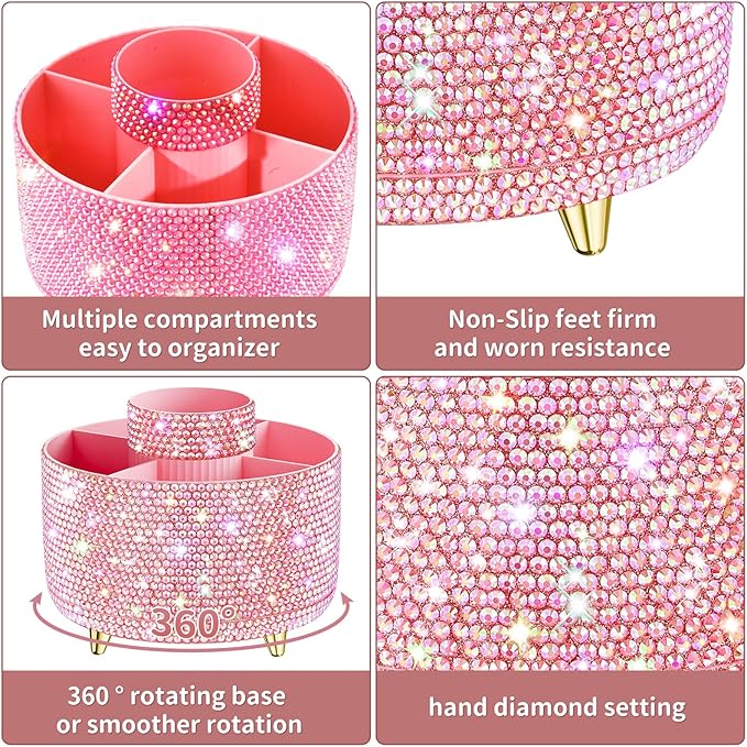 Bling 360° Rotate Makeup Brush Holder Organizer, Makeup Organizers Countertop, Makeup organization and Skincare Storage for Vanity, Gift for Women Girls (Bling dz-Pink)