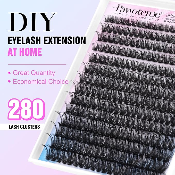 Pawotence Lash Clusters 280pcs Individual Lashes Cluster Eyelash Extensions 50D 9-16mm Mix Eyelash Clusters Lash Extension for Self Application at Home (50D, 0.07D, 9-16mm)