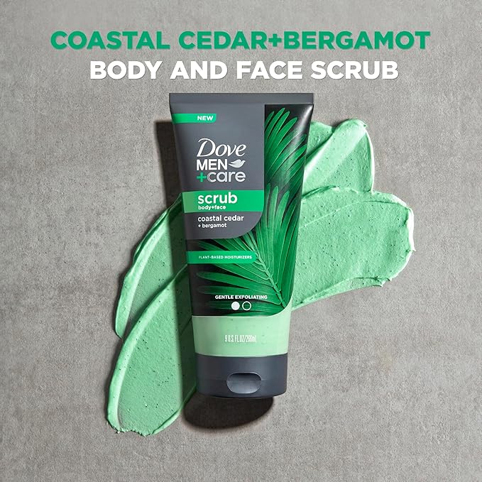 Dove Men+Care Body and Face Scrub Costal Cedar Deeply Exfoliates for Hydrated & Nourished Skin 100% Gentle Cleanser, No Sulfate Cleansers or Parabens, 98% Biodegradable Formula 9 oz