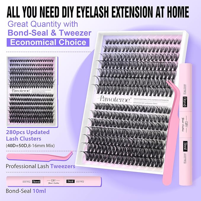 Pawotence Lash Extension Kit Individual Lash Clusters Kit 40D 50D Eyelash Extension Kit 8-16mm Eyelash Clusters with Lash Bond and Seal, Lash Tweezers for Beginners (40D&50D, 0.07D, 8-16mm, Kit)