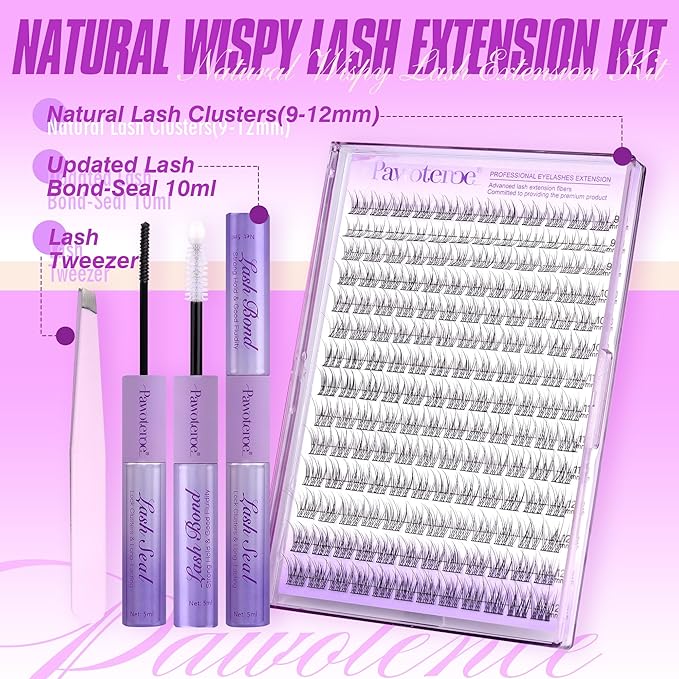 Pawotence Lash Extension Kit Wispy Lash Clusters Kit 9-12mm Natural Individual Lashes Kit 168pcs Cluster Eyelash Extension Kit with Lash Bond and Seal, Lash Applicator for Self Use