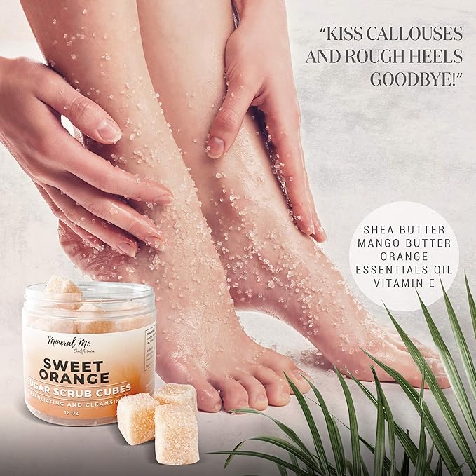 Body Scrub Exfoliator - 12oz SWEET ORANGE/Coconut Sugar scrub cubes w/Mango Butter & Shea butter- Ultra Hydrating & Moisturizing - Natural & Organic for all body - For hands, arms legs, elbow, foot