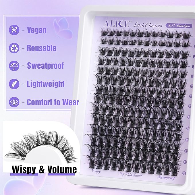 ALICE Lash Clusters Wispy Eyelash Clusters 168pcs 10-18mm Cluster Eyelash Extensions Natural Volume Lash Extensions DIY Individual Lashes Clusters with Soft Thin Band