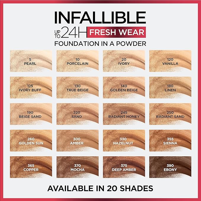 L'Oreal Paris Makeup Infallible Fresh Wear Foundation in a Powder, Up to 24H Wear, Waterproof, Vanilla, 0.31 oz.