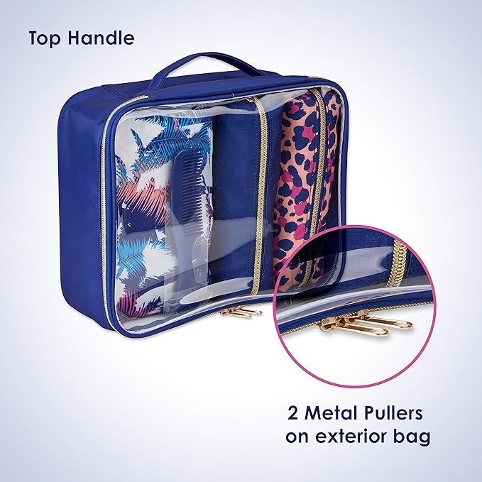 Conair 5 Piece Toiletry and Cosmetic Bag Set Under $30, Includes 4 Makeup Bags and 1 Travel Comb in Blue Palm Prints