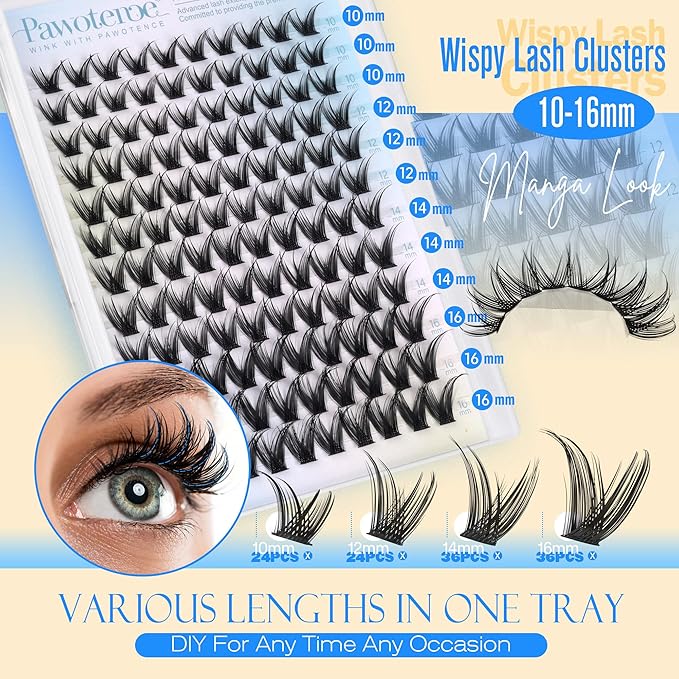 Pawotence Manga Lash Clusters Wispy Cluster Eyelash Extensions 10-16mm Individual Lashes Clusters Spiky Lash Extension DIY False Eyelashes Clusters
