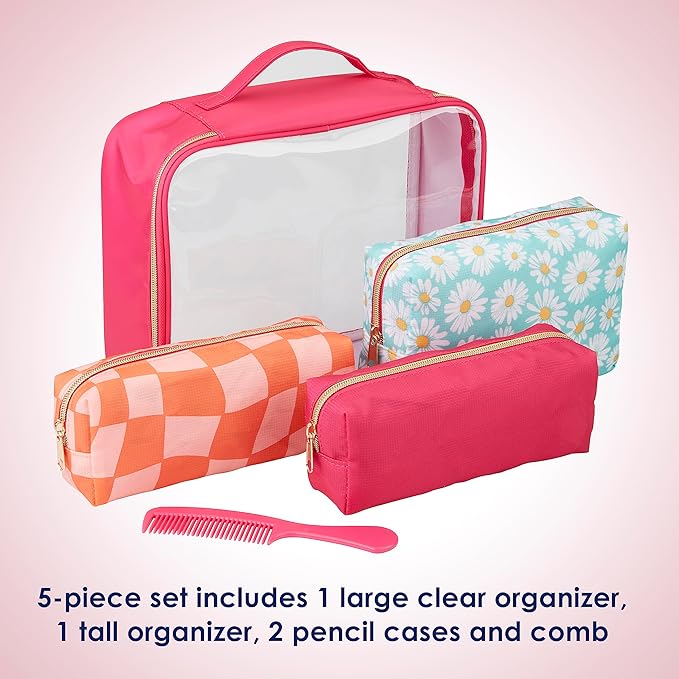 Conair 5 Piece Toiletry and Cosmetic Bag Set Under $30, Includes 4 Makeup Bags and 1 Travel Comb in Pink and Daisy Prints