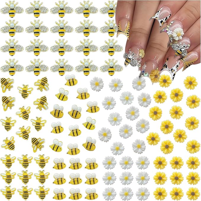 100PCS Nail Charms and Gems Gold Bee Yellow Flower for Nails Design,3D Daisy Y2k Nail Jewels Bulk Nail Art Decor Set